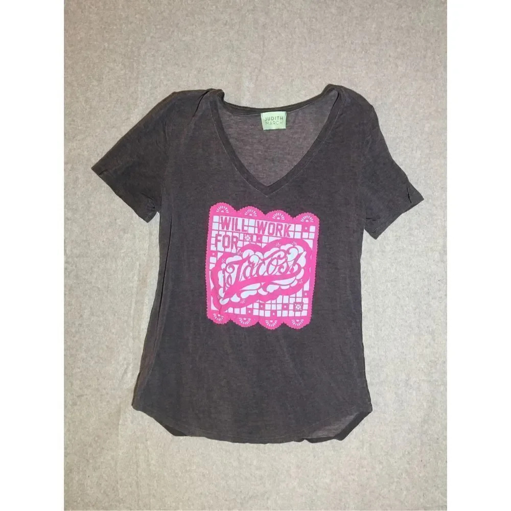 Womens Judith March Shirt Size Medium V Neck Graphic Tee Tacos Boutique